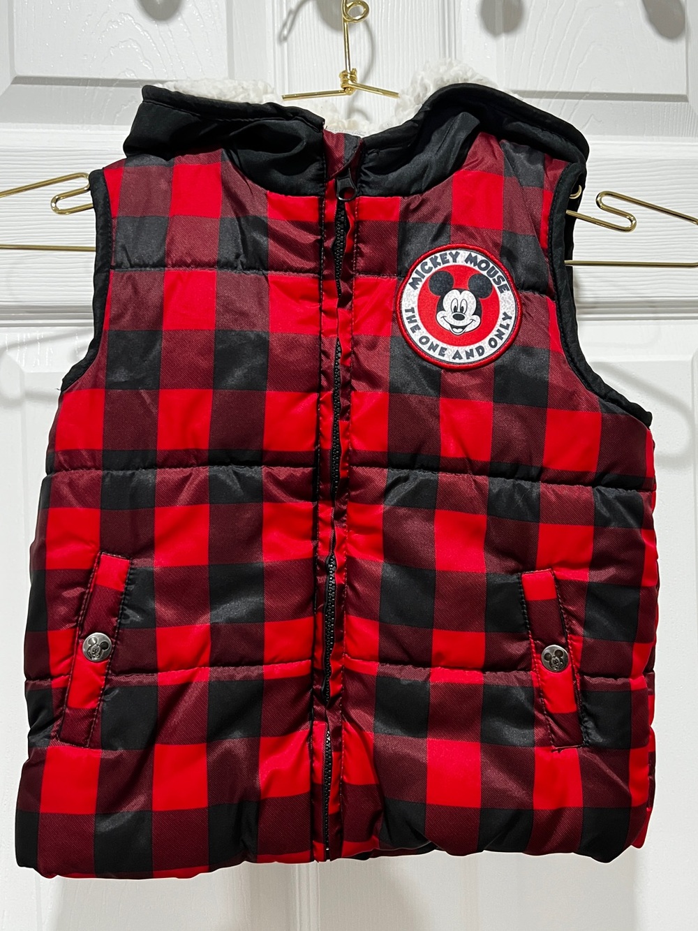 Disney Junior Mickey Hooded Plaid Puffer Vest Jacket Size 4 Toddler Kids